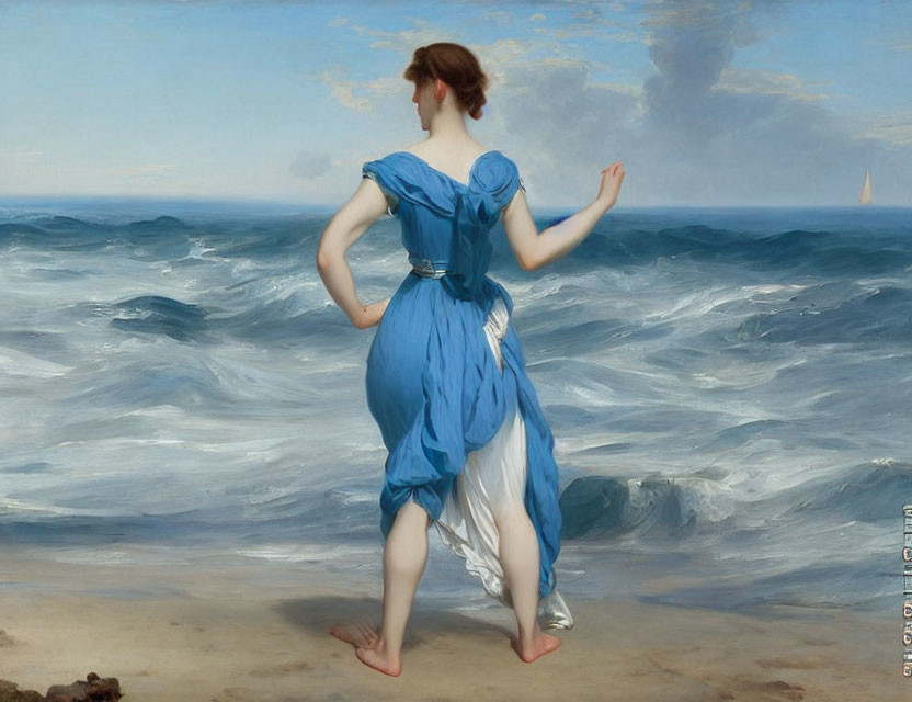 Woman in flowing blue dress gazes at sea on beach