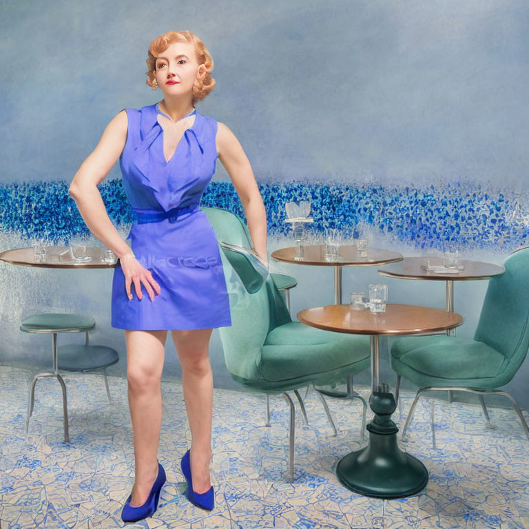 Vintage Blue Dress Woman in Elegant Café with Mosaic Walls