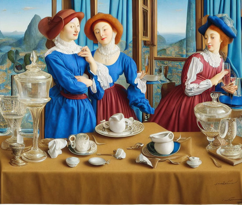 Renaissance women in elegant conversation near window with glassware