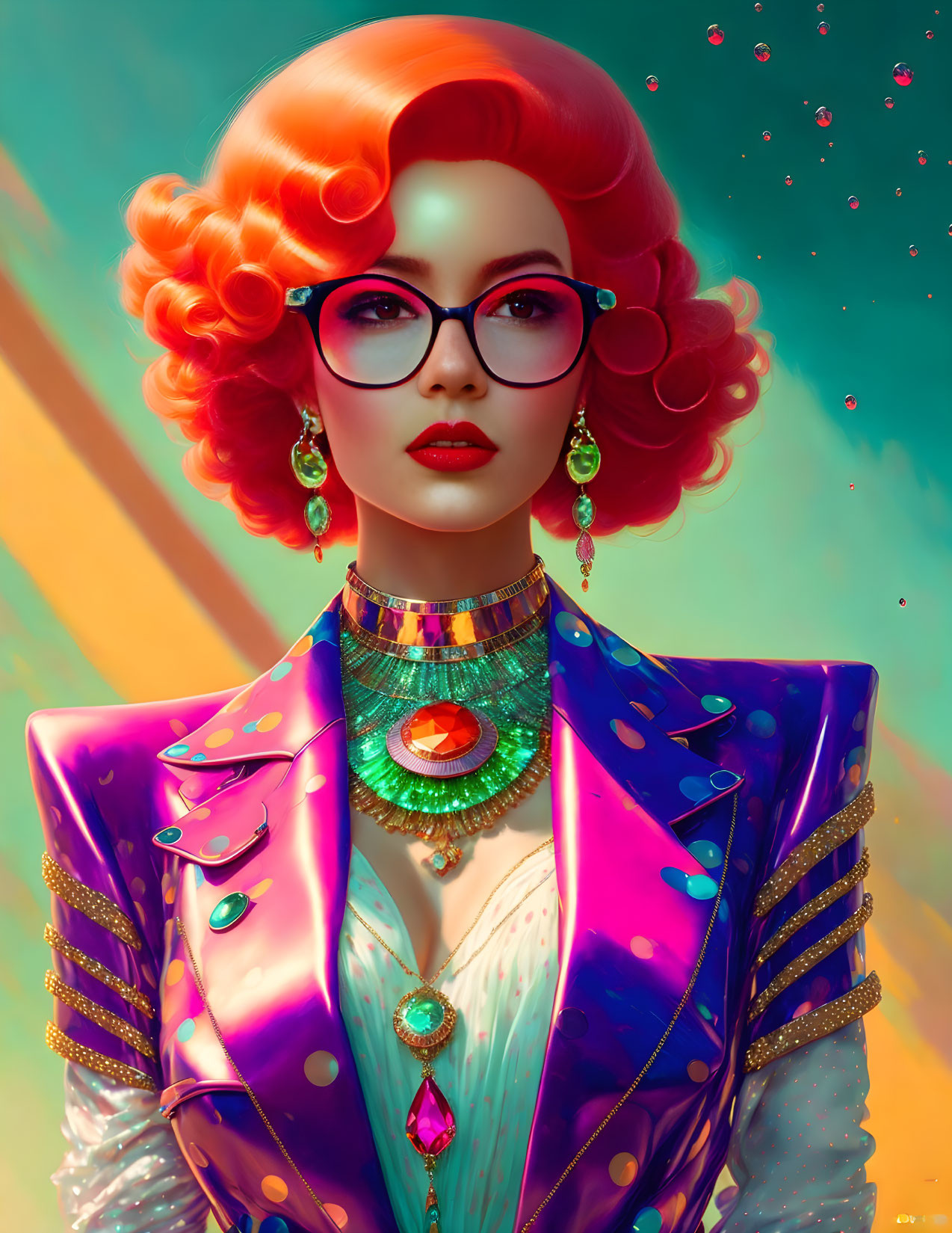 Colorful illustration of woman with orange hair and round glasses in multicolored jacket and ornate necklace