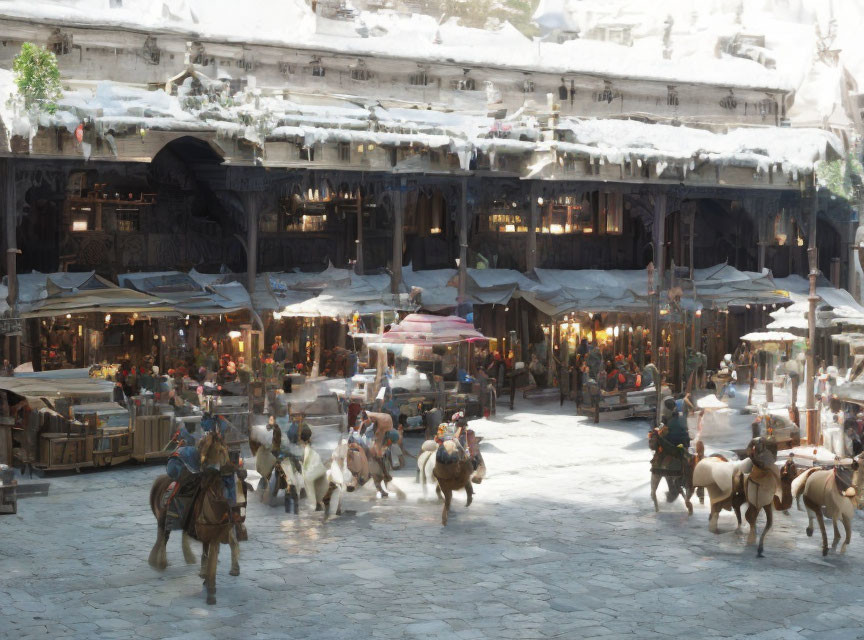 Medieval market square with snow-covered roofs, merchants, patrons, and riders on horses.