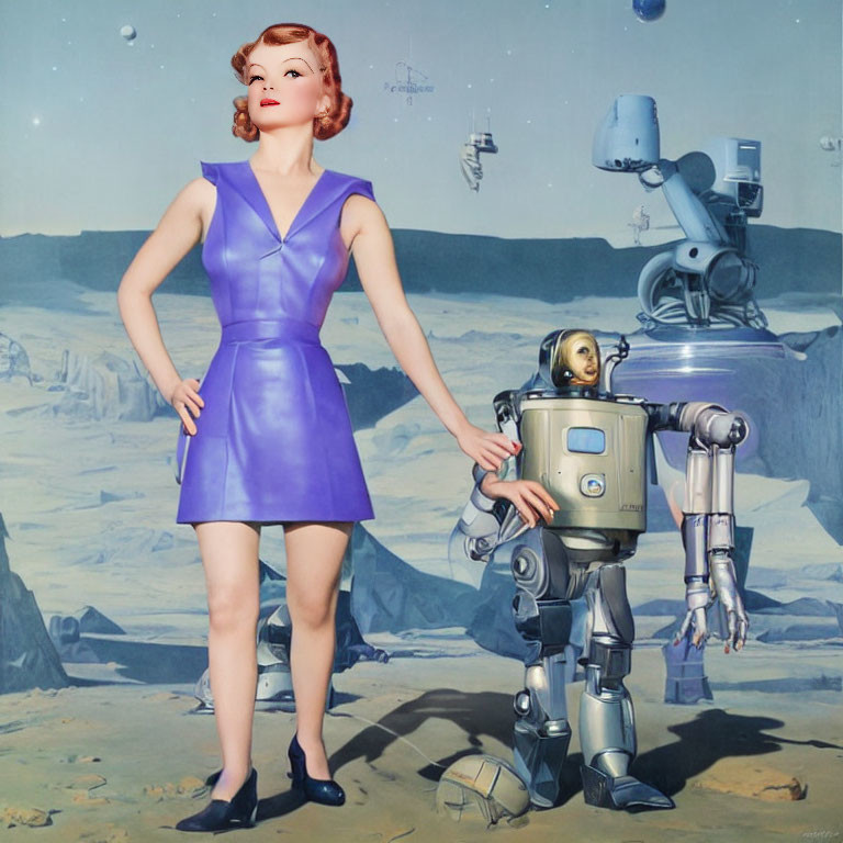 Vintage-style Illustration: Woman in Purple Dress with Classic Robots in Retro-Futuristic Space Landscape