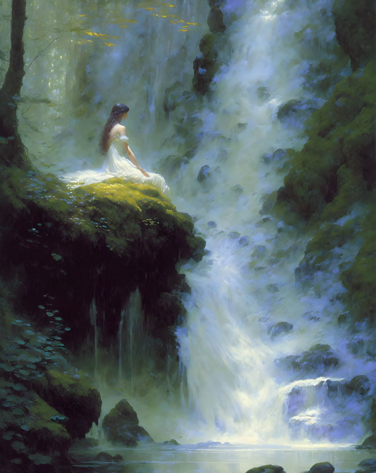 Woman in white sitting above tranquil waterfall in lush greenery