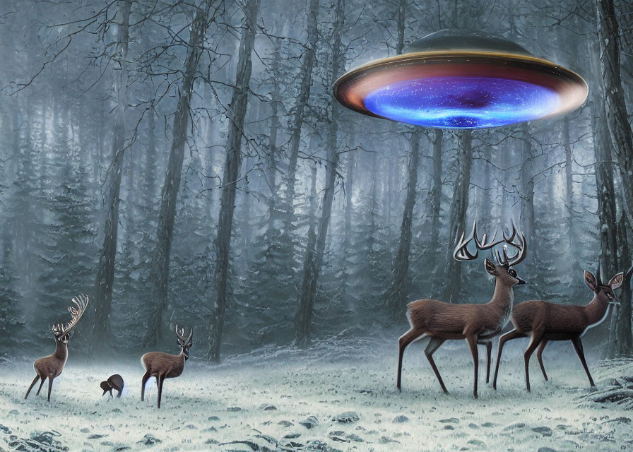 Deer watching glowing UFO over snowy forest clearing