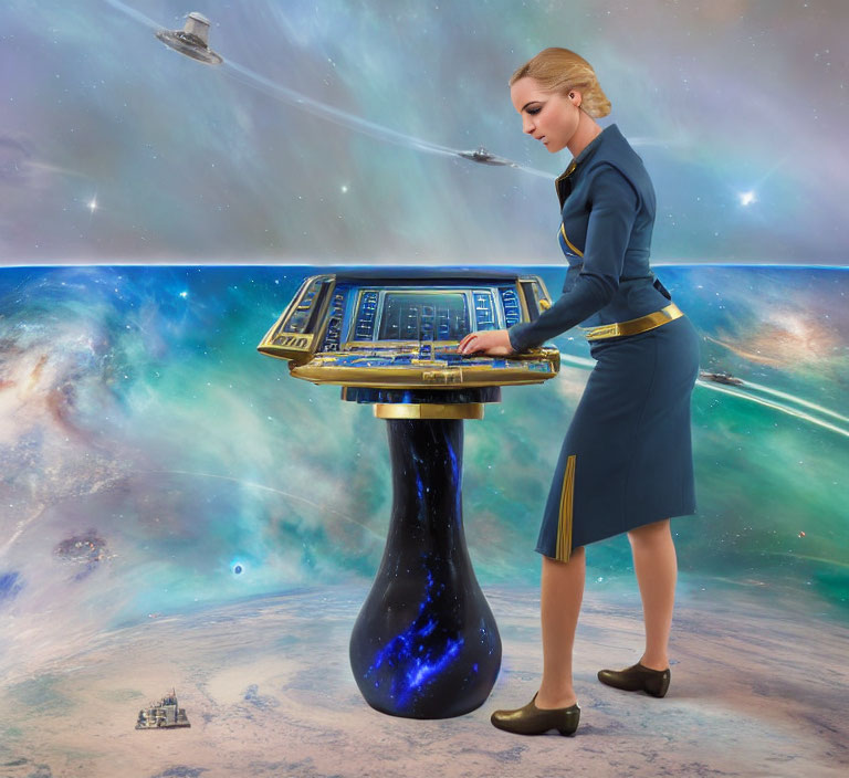 Futuristic woman in uniform at cosmic console with spaceships and nebulae