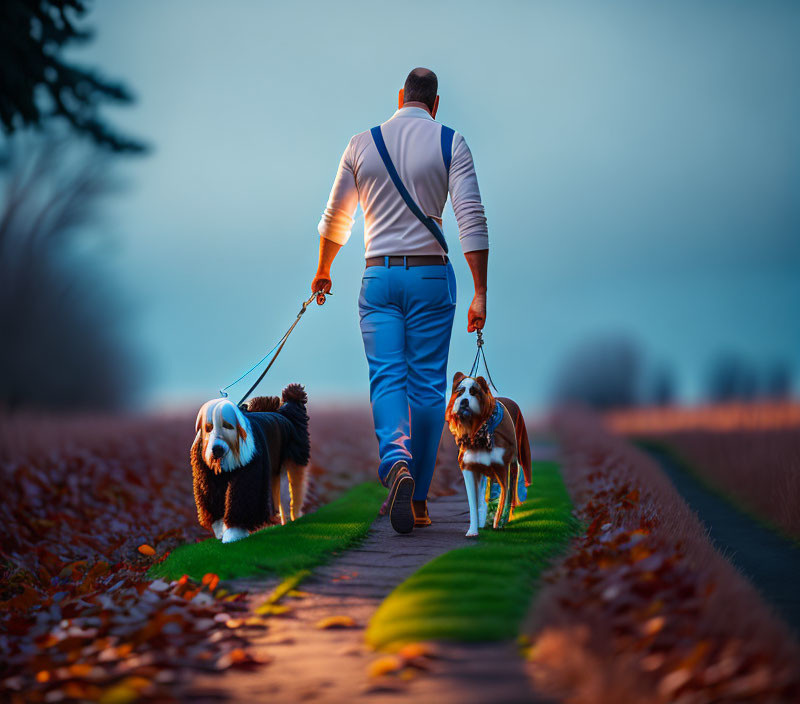 Man walking two dogs on autumn path at dusk with serene countryside and tranquil sky