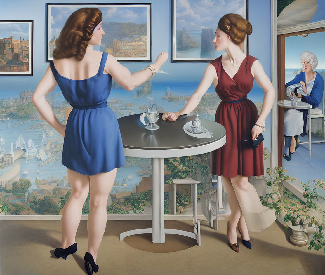 Two women in elegant dresses having tea by the coast with a cityscape background.