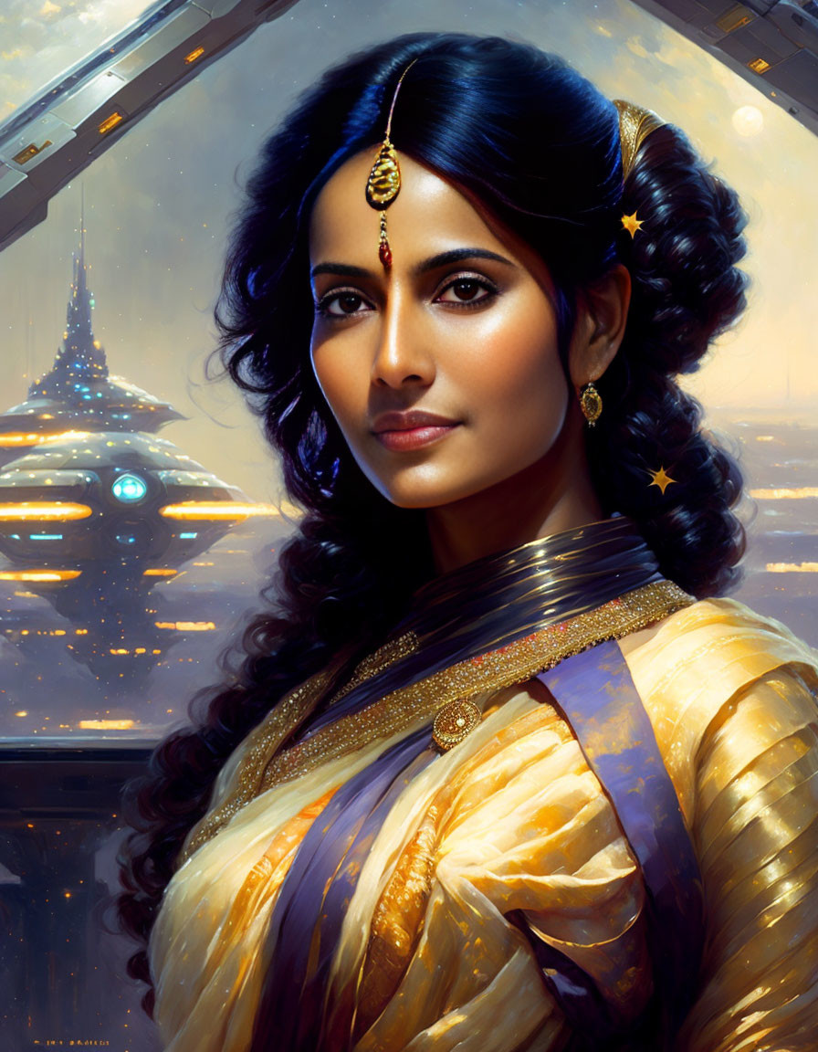 Traditional Indian Attire Woman with Gold Jewelry and Futuristic Cityscape