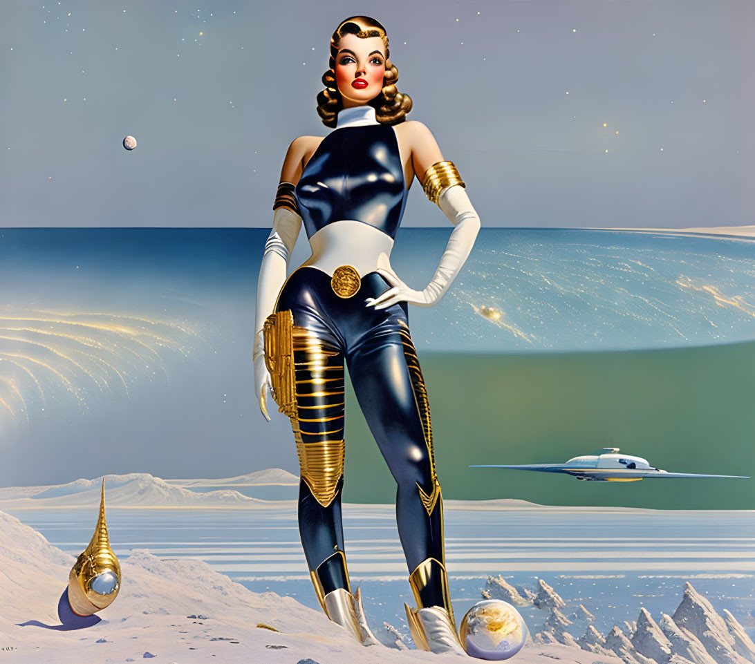 Retro-futuristic illustration of woman in sci-fi outfit with golden accents and vintage spaceships