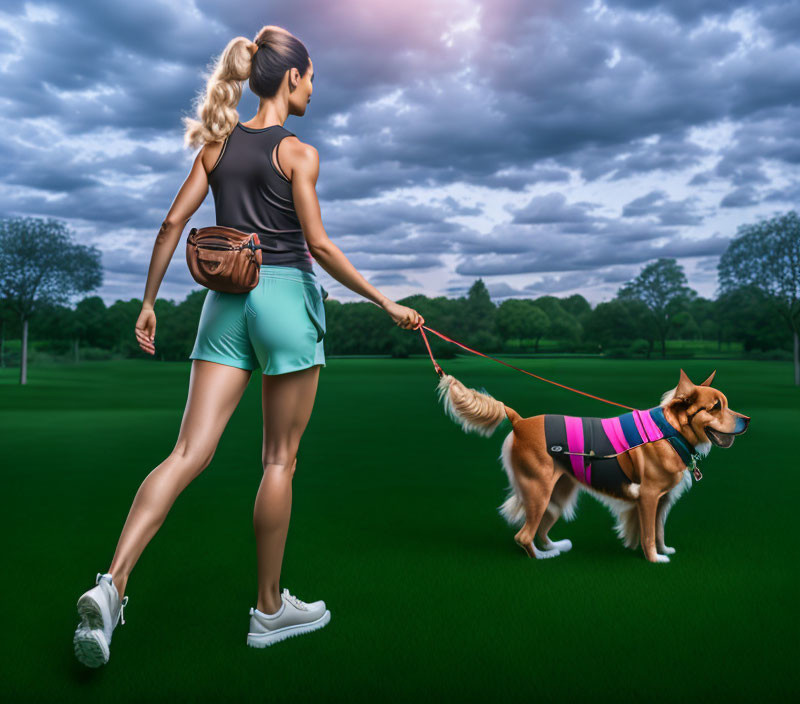 Woman in Sportswear Walking Dog on Leash in Green Landscape