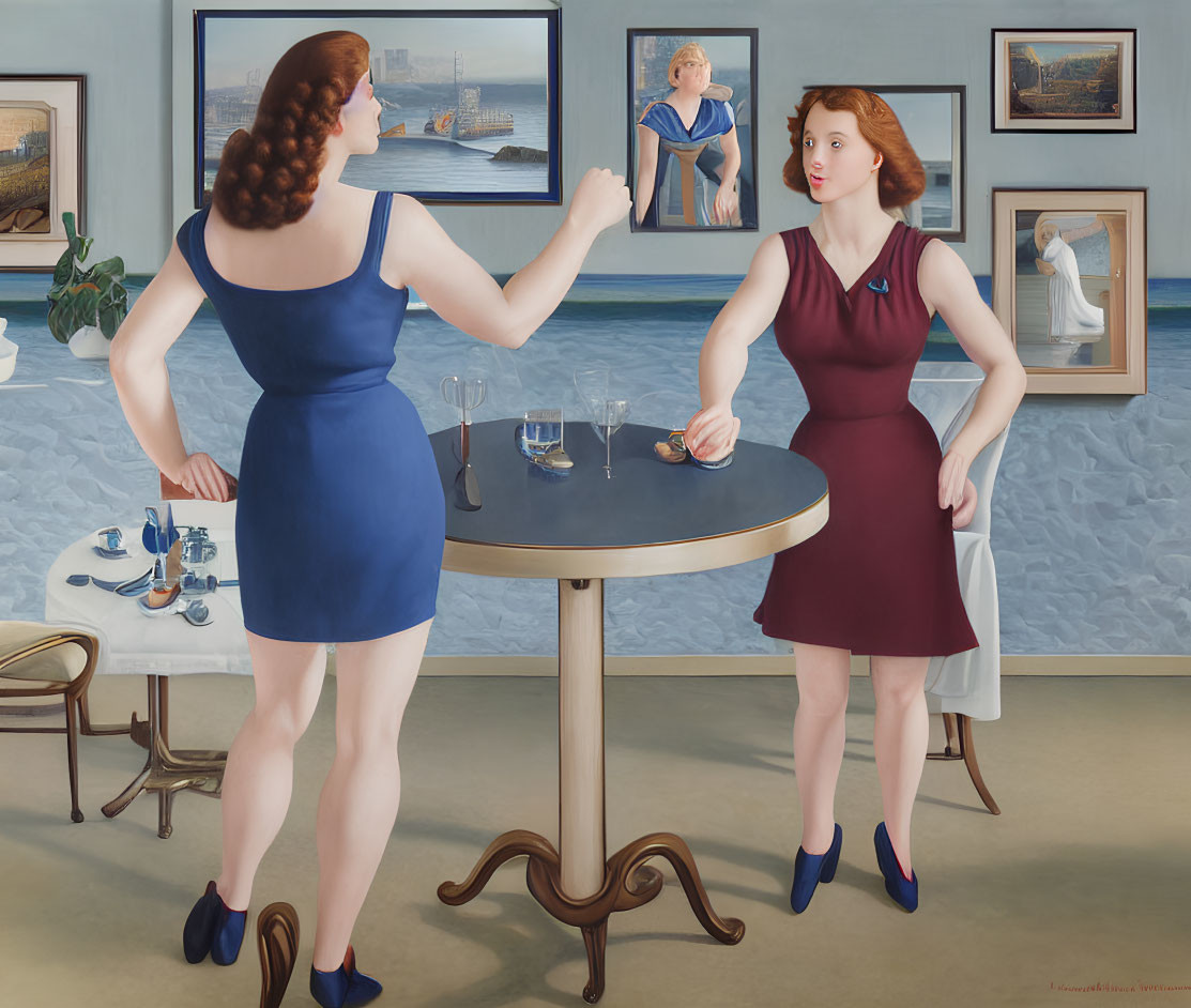 Artwork of two women in blue and red dresses in a room with seaside view and paintings.