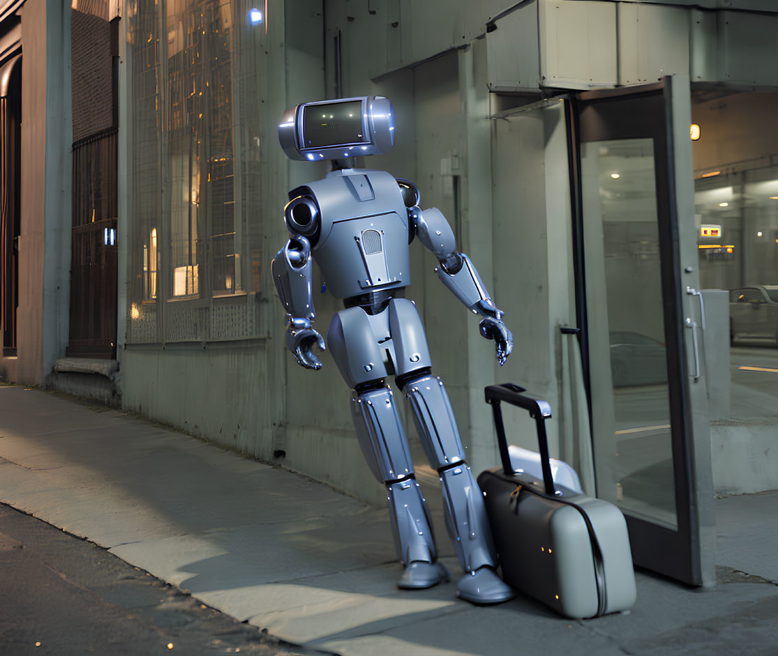 Futuristic humanoid robot with screen head next to suitcase on city sidewalk at dusk