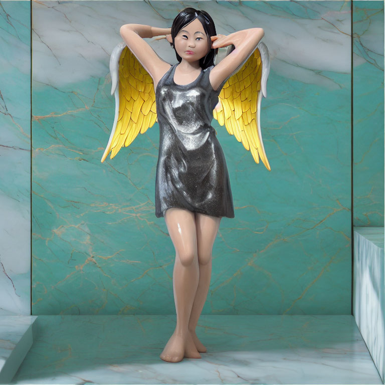 Golden-winged woman statue in silver dress on marbled background