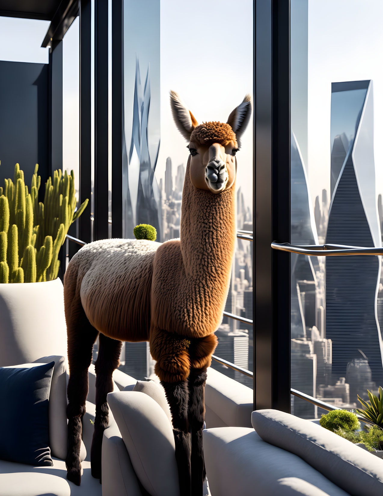 Realistic llama model in indoor setting with city view, modern decor, and cacti.