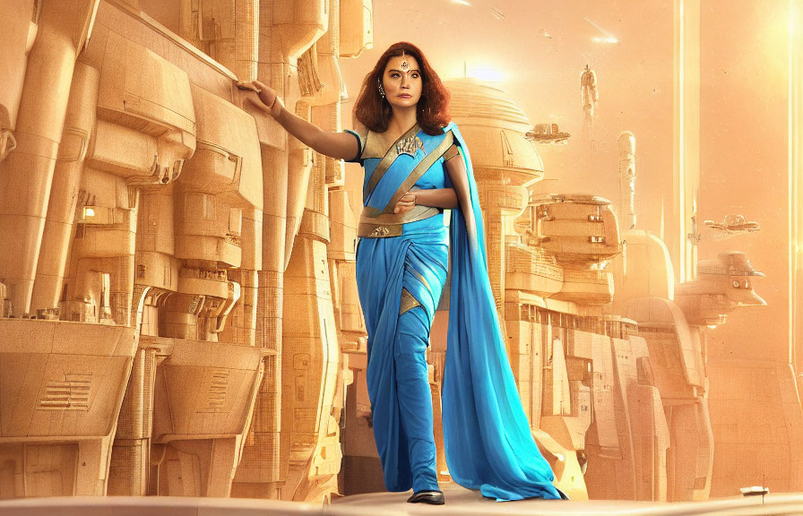 Woman in Blue Saree Poses Against Futuristic Cityscape