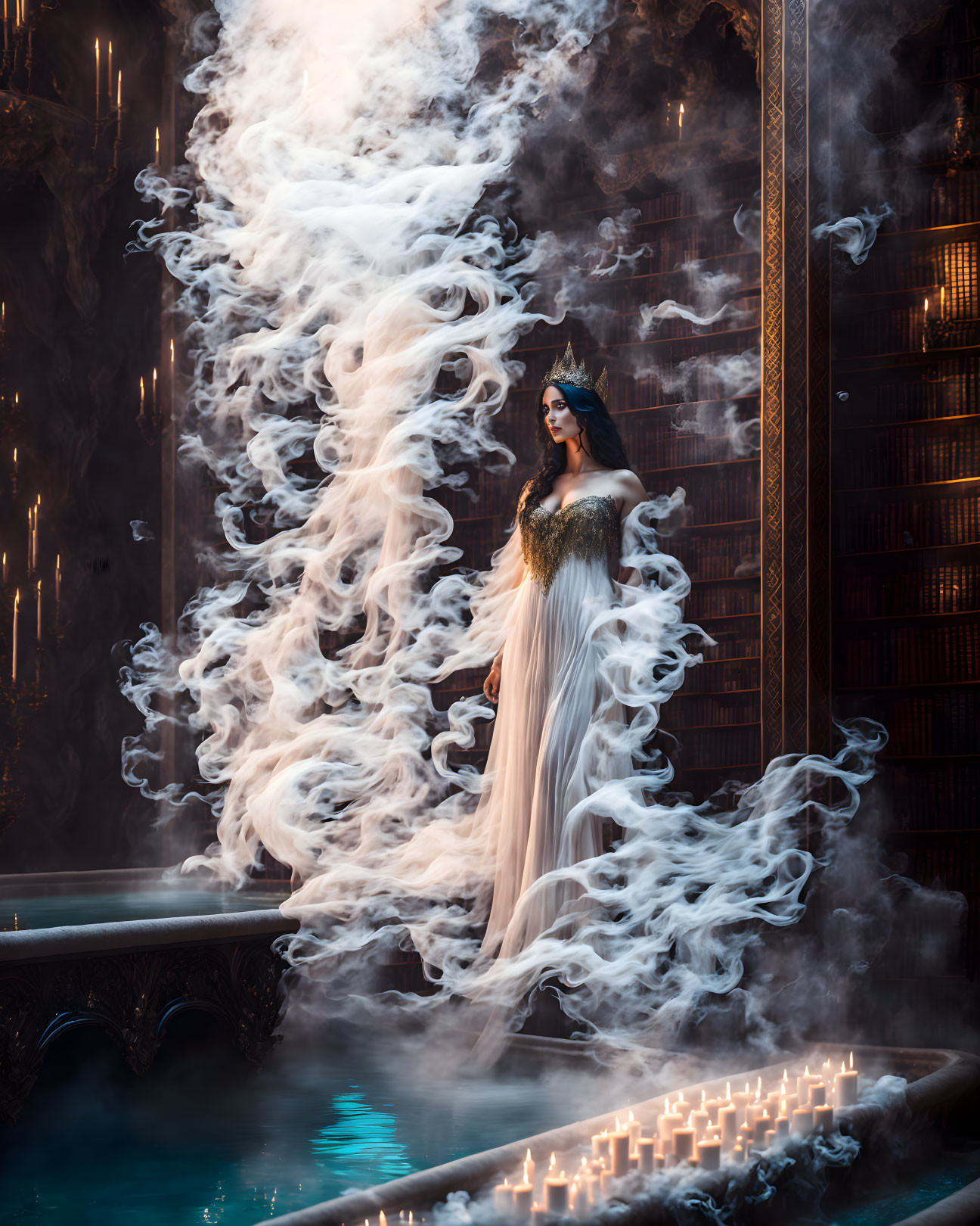 Woman in elegant gown with crown surrounded by candles and smoke in dimly lit room