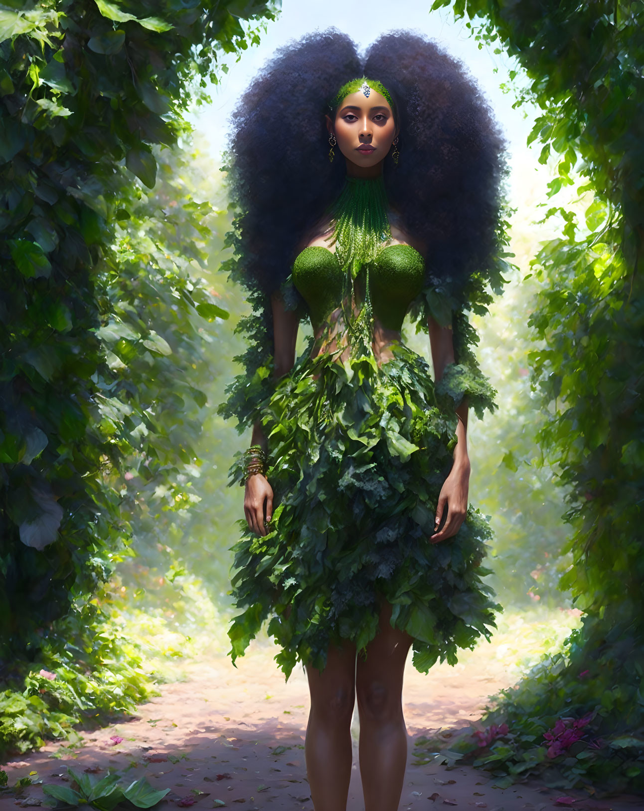 Woman with Large Afro in Green Leaf Dress in Sunlit Forest