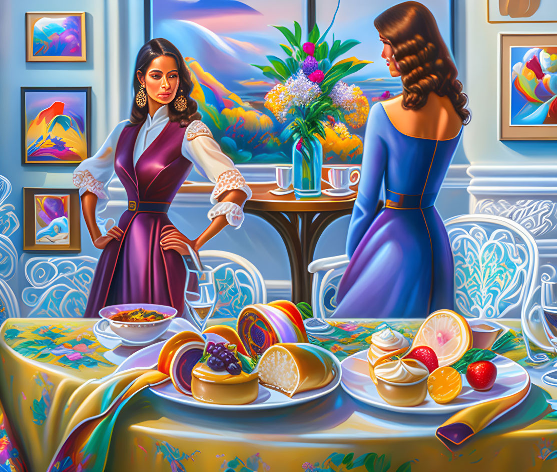 Elegantly dressed women by table with fruit, desserts, and flowers, vibrant landscape paintings in background