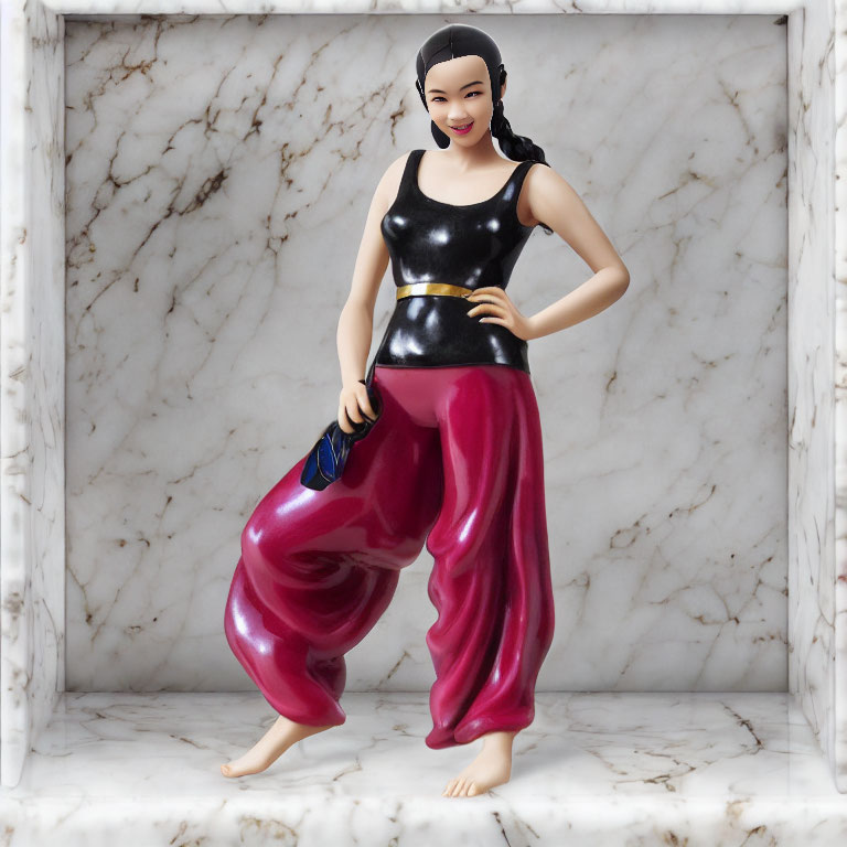 Smiling woman figurine in black tank top, gold belt, and pink harem pants on marble