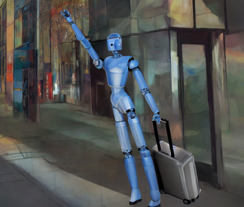 Sleek humanoid robot gesturing on sidewalk with suitcase