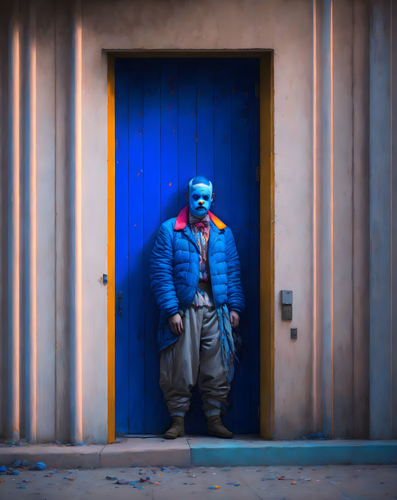 Blue puffer jacket and mask against vibrant blue door and peach walls