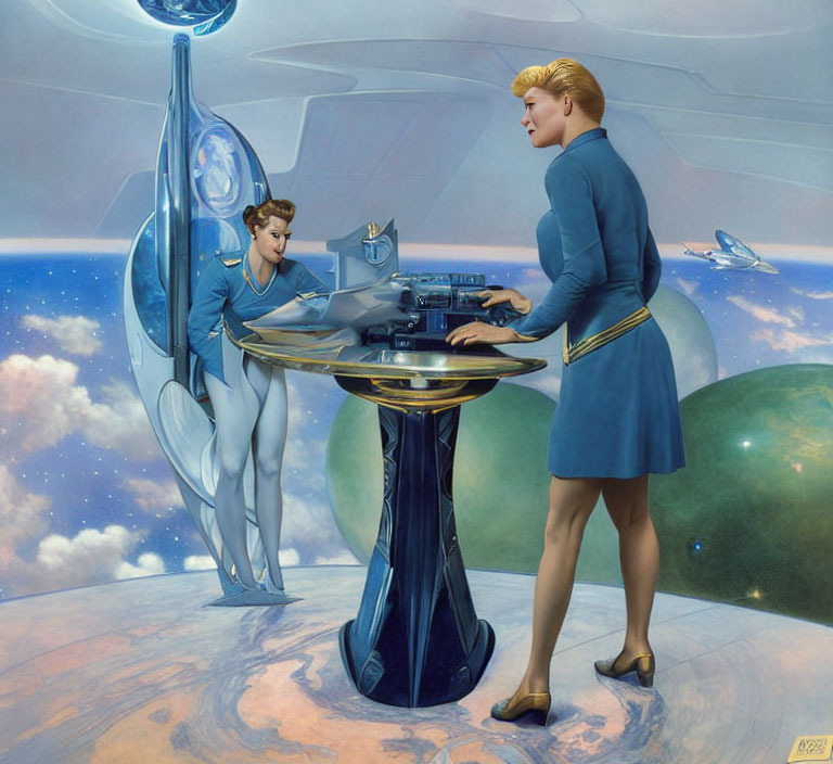 Two people in blue uniforms with futuristic technology on spaceship.