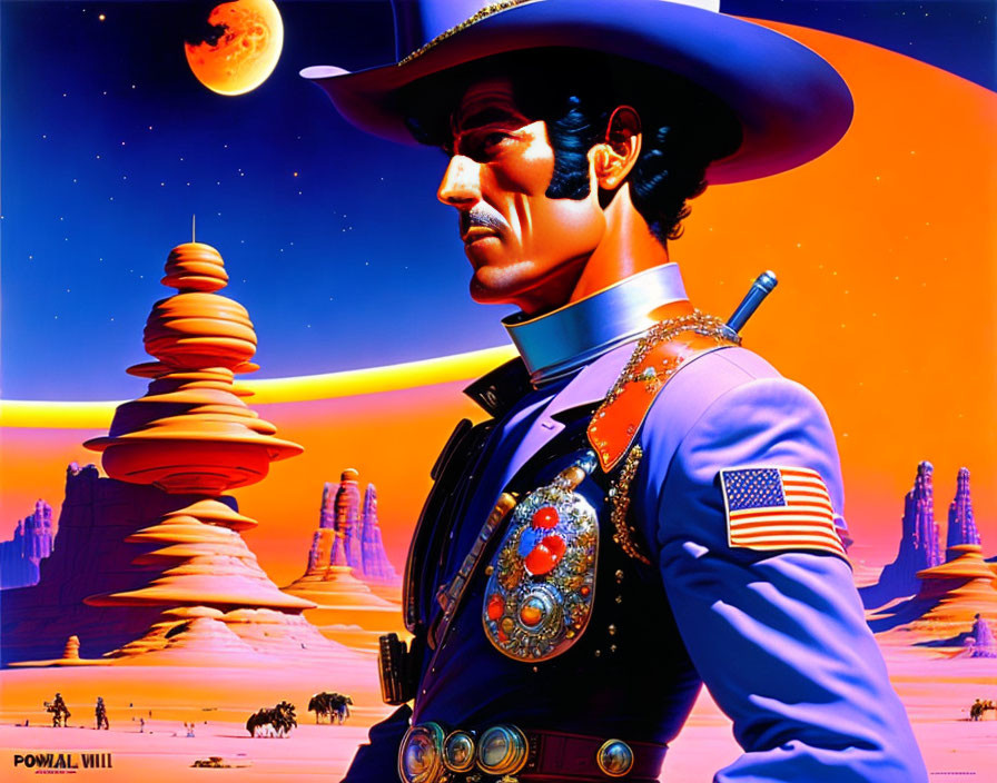 Blue-suited space cowboy in vivid alien desert with two moons