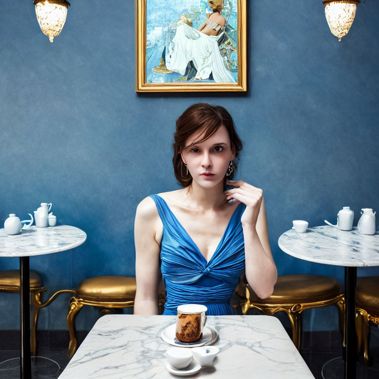 Woman in Blue Dress Enjoying Coffee and Cake at Marble Table with Classic Painting and Wall Lamps