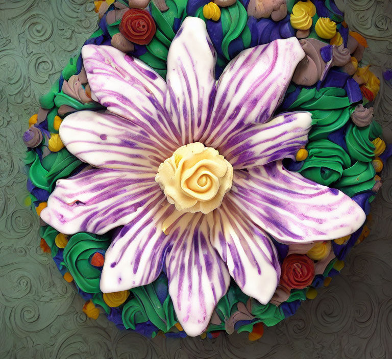 Vibrant floral cake with cream and purple flower, surrounded by multicolored frosting flowers.