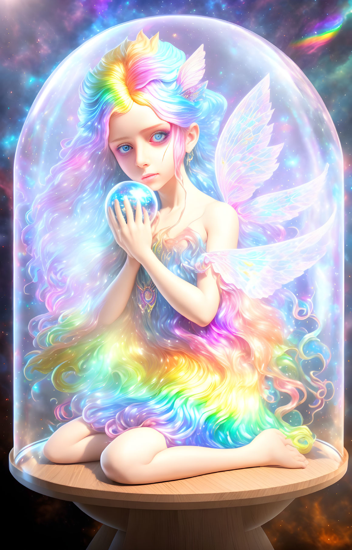 Colorful fairy with rainbow hair and wings holding a glowing orb in glass dome on cosmic background