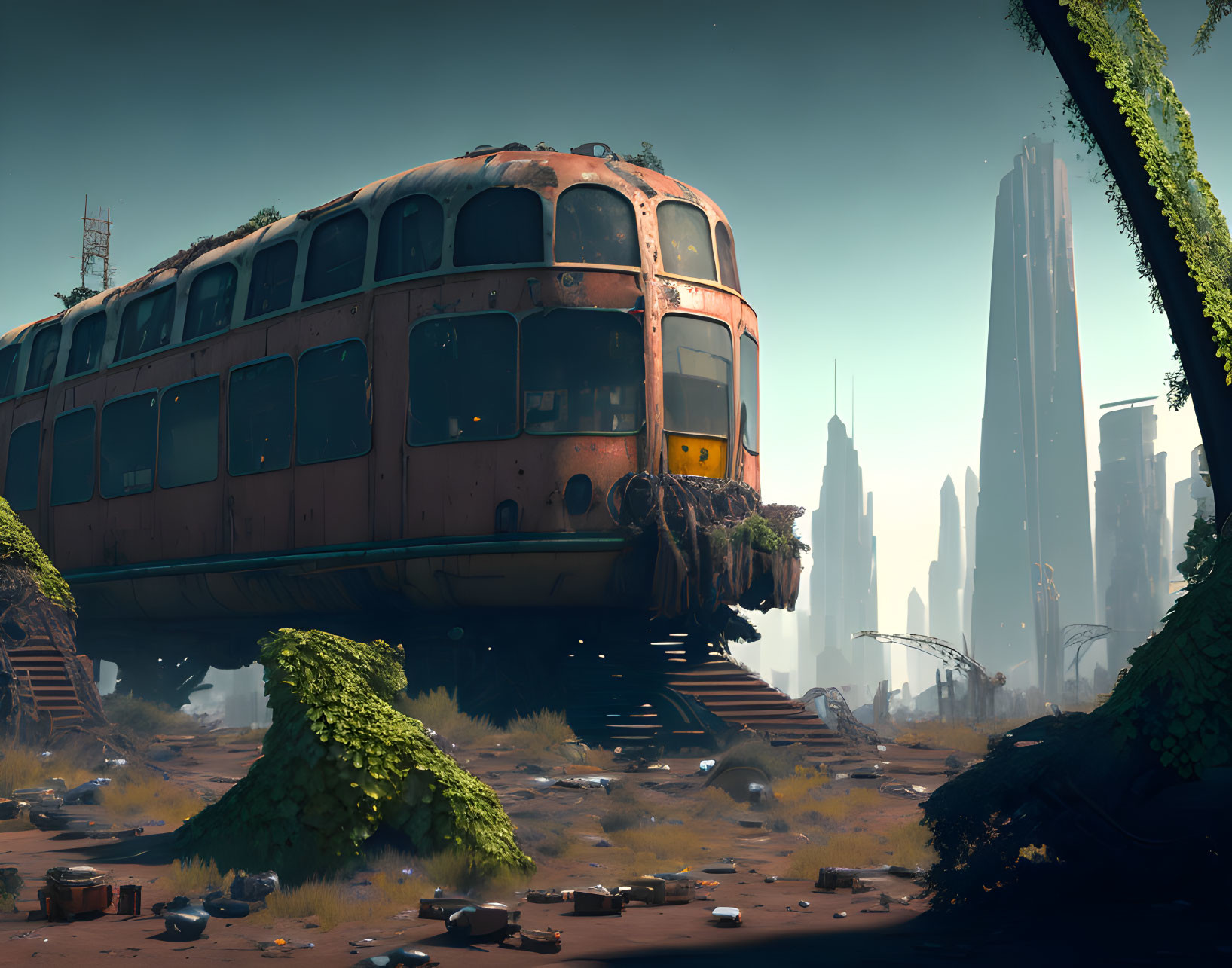 Abandoned orange trolley in overgrown landscape with futuristic city ruins