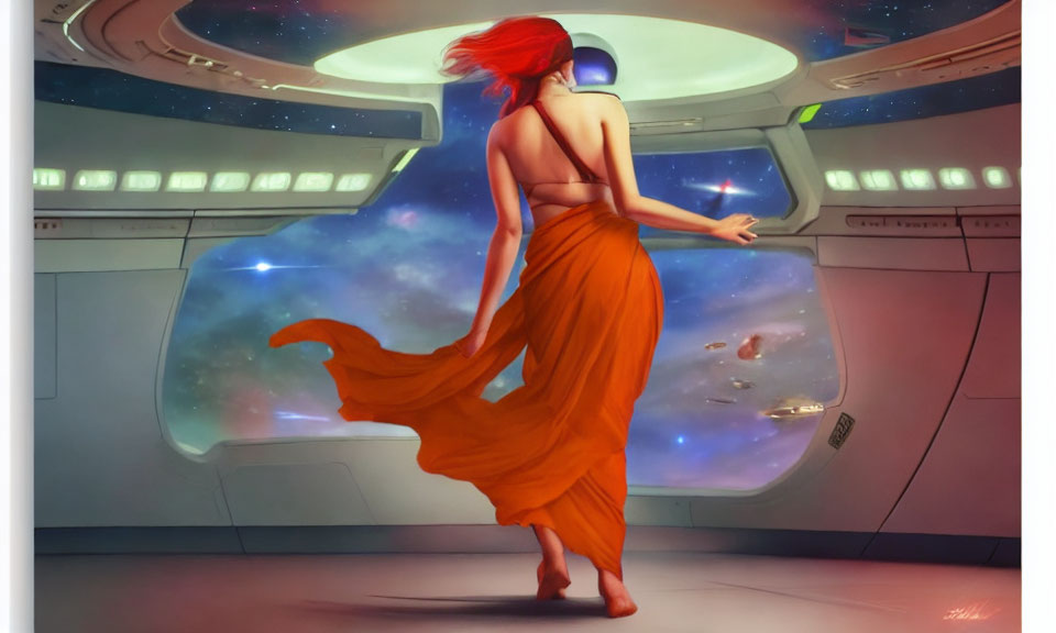 Red-haired woman in orange dress gazes out spaceship window at cosmic scene