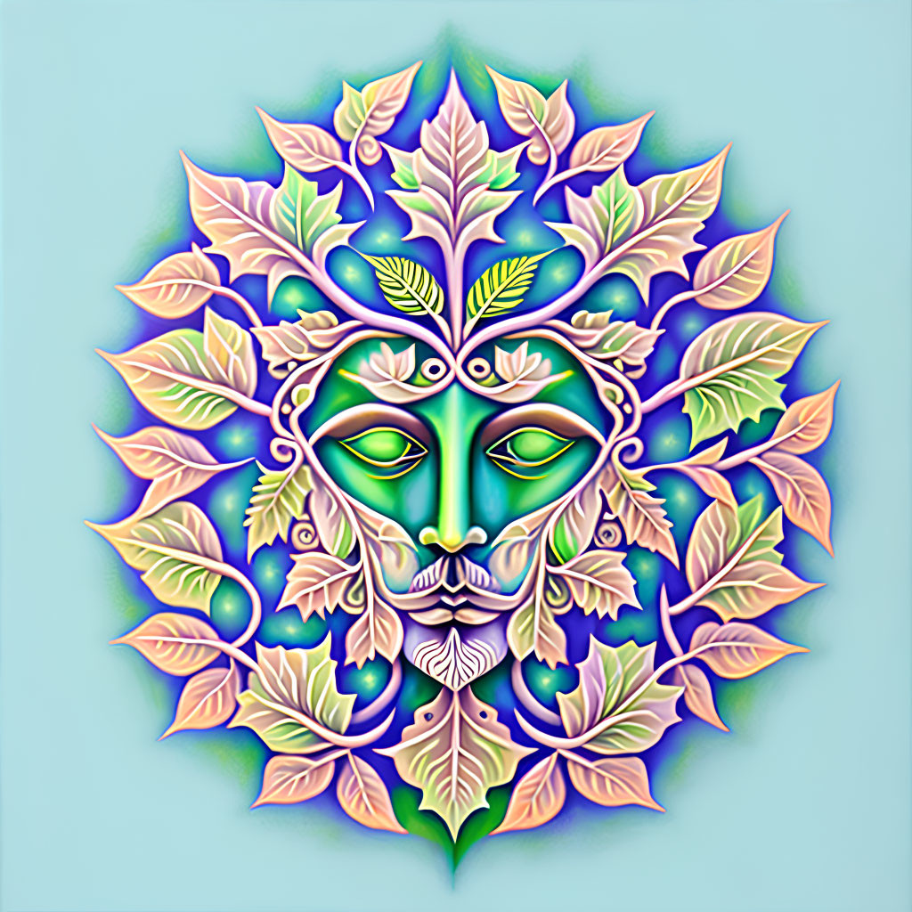 Green face surrounded by ornate leaves and petals in pastel hues