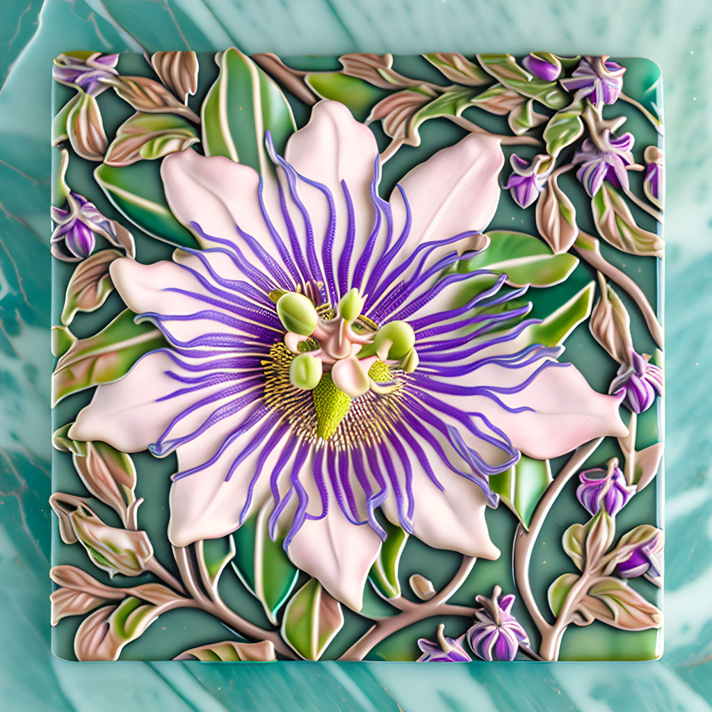 Colorful 3D Rendering of Passion Flower with Purple and White Petals on Teal Background