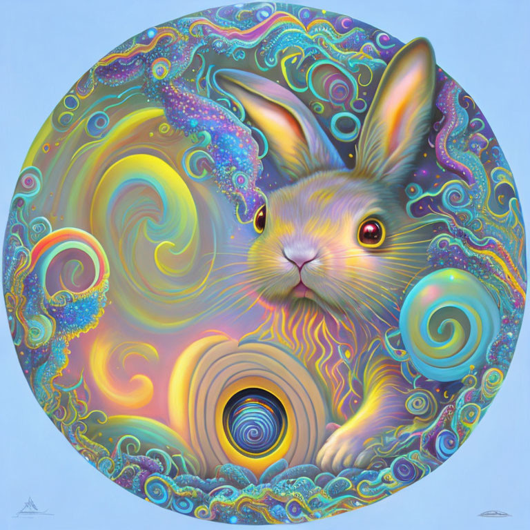 Colorful Psychedelic Rabbit Art on Soft Blue Background