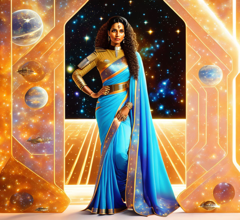 Stylized woman in futuristic blue-gold sari on cosmic background