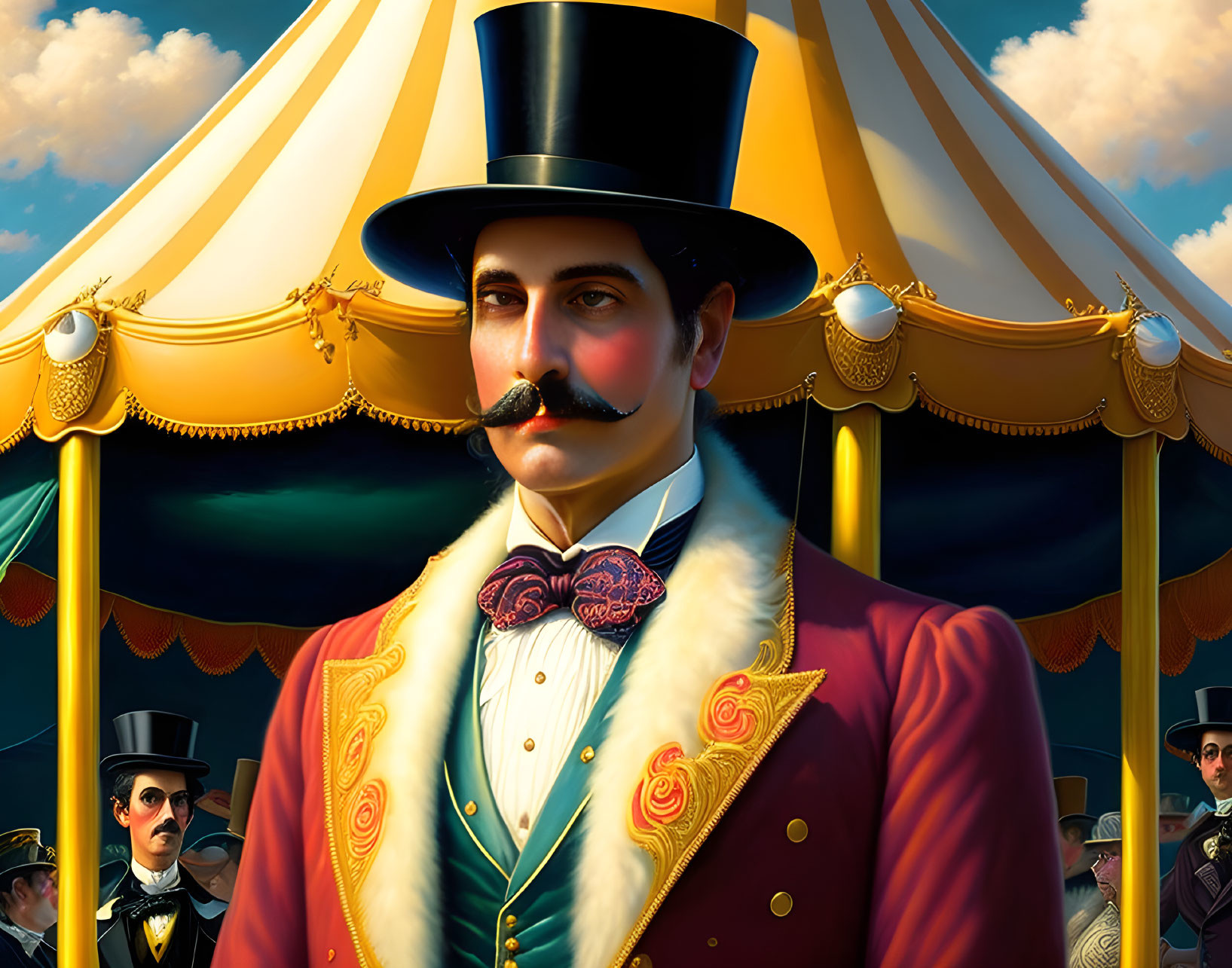 Elegant gentleman in top hat and red ringmaster jacket with mustache by circus tent