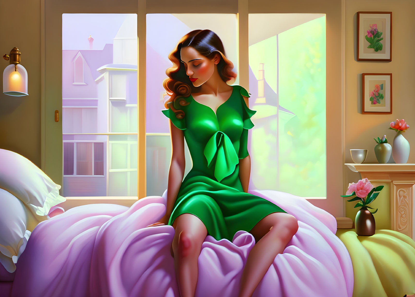 Woman in green dress sitting on pink bed with sunlight streaming through window