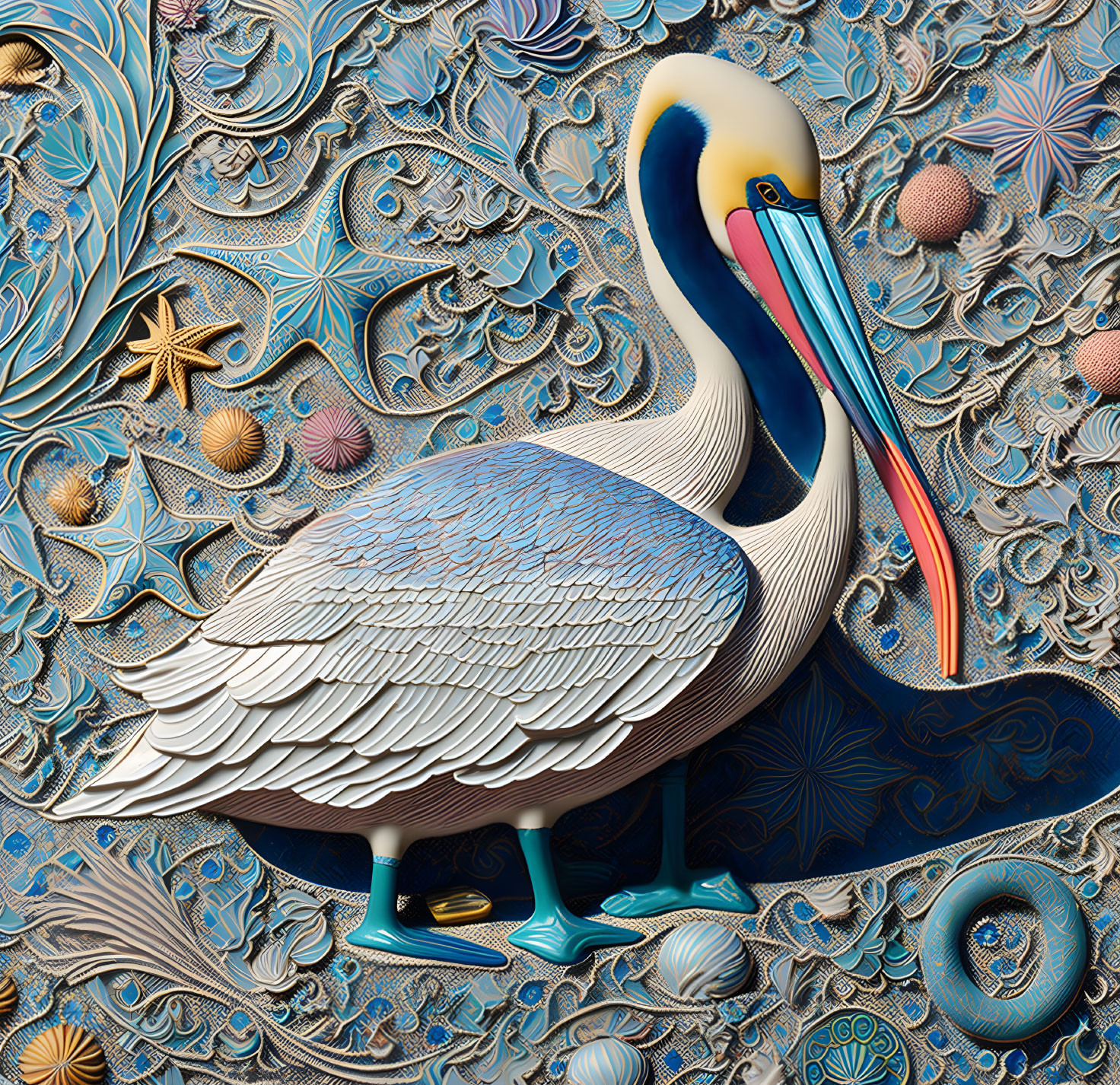 Detailed Pelican Illustration with Sea-themed Patterns and Vibrant Colors