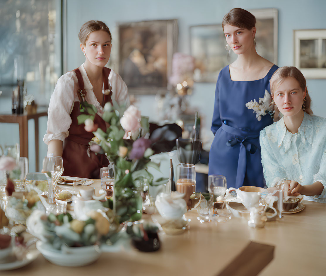 Vintage-inspired tea party with three women at elegantly set table