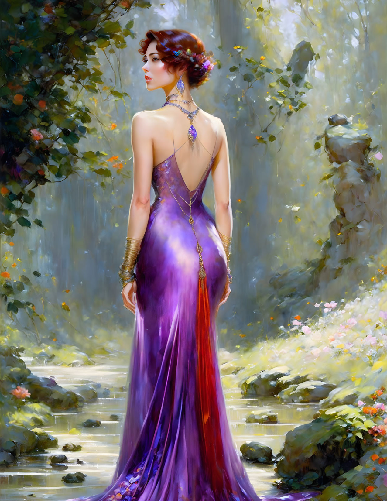 Woman in Purple and Red Gown in Serene Forest Glade