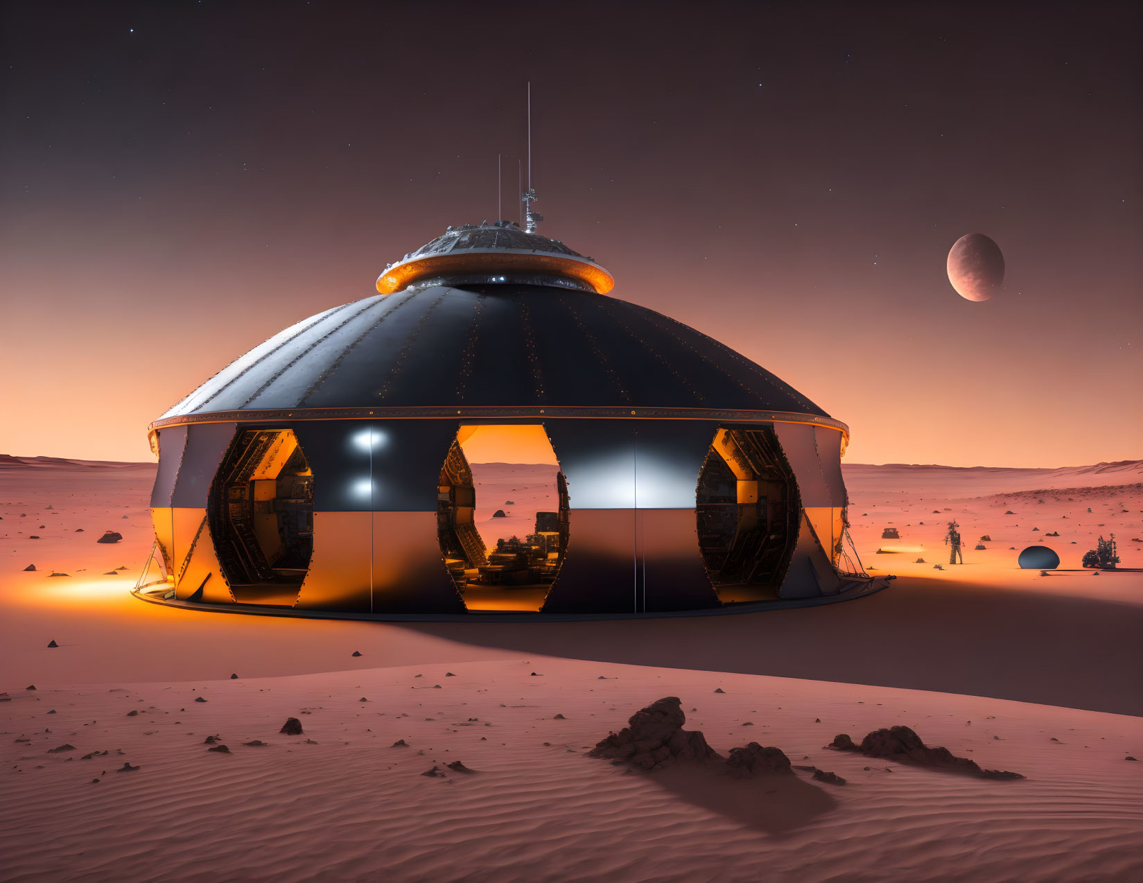 Futuristic dome structure in desert landscape under twilight moon