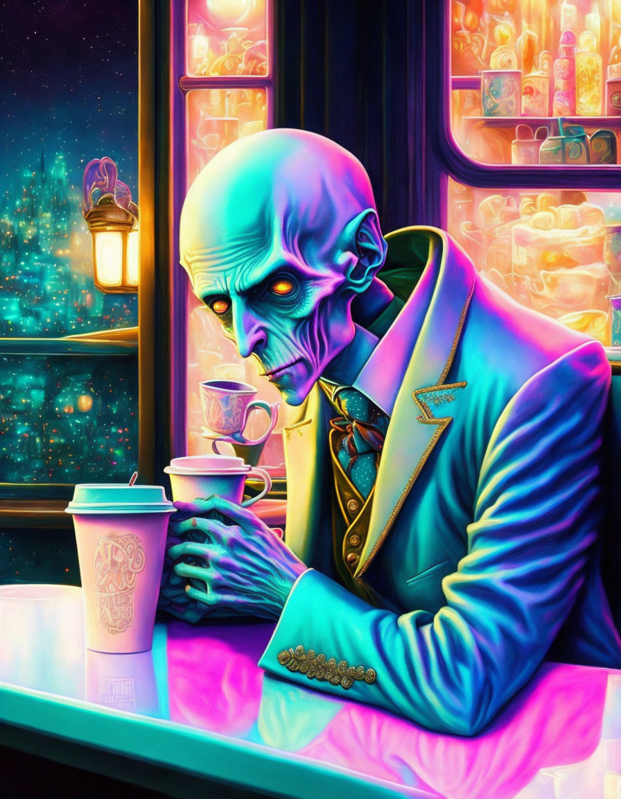 Colorful illustration: Skeleton in suit sips at window