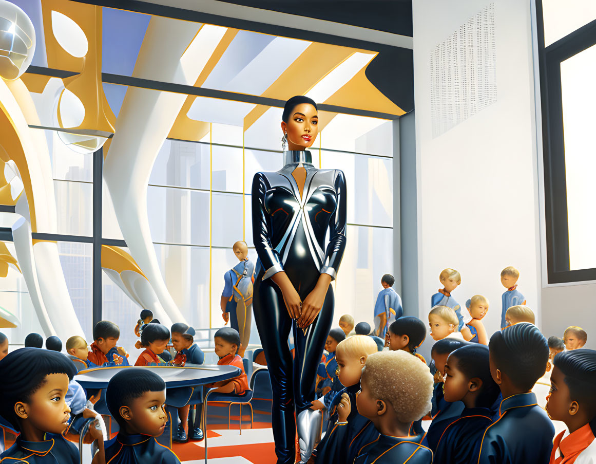 Futuristic classroom with central female figure in sleek suit, surrounded by children in uniform, modern architecture