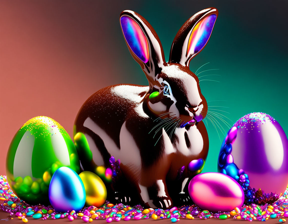 Colorful Easter digital illustration with chocolate rabbit and eggs