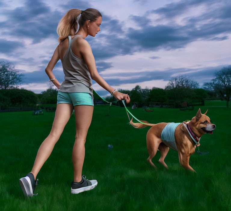 Athletic woman jogging with leashed dog in grassy park at dusk