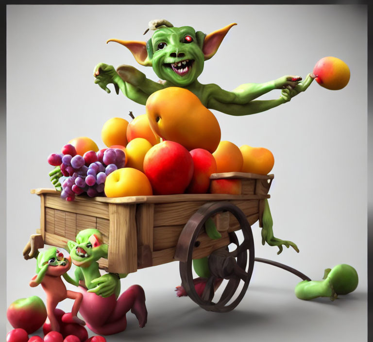 Vibrant 3D illustration: green goblins enjoy fruit-filled cart