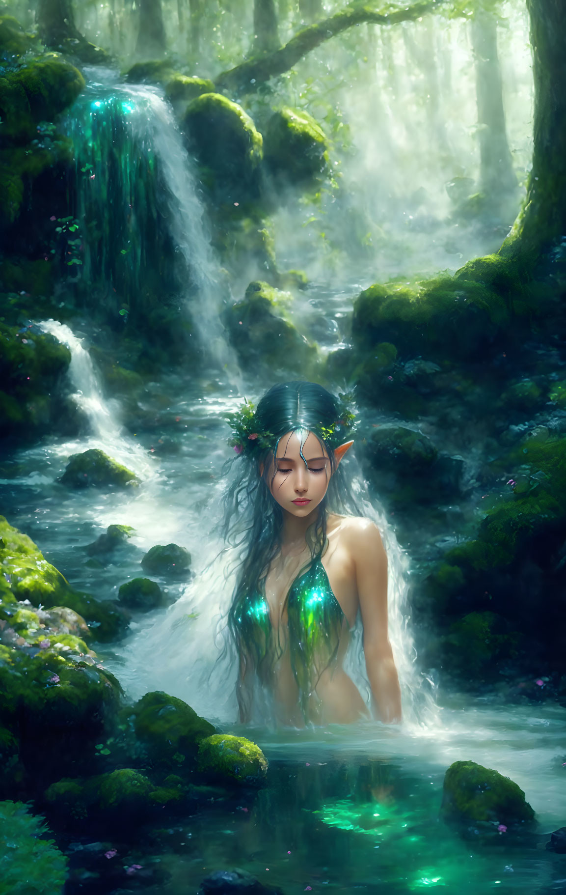 Ethereal woman with wreath in sunlit forest stream holding green gem