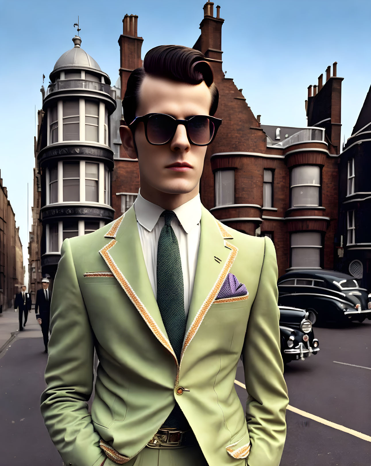 Fashionable man in green suit with white trim and sunglasses posing with vintage cars and classic architecture.