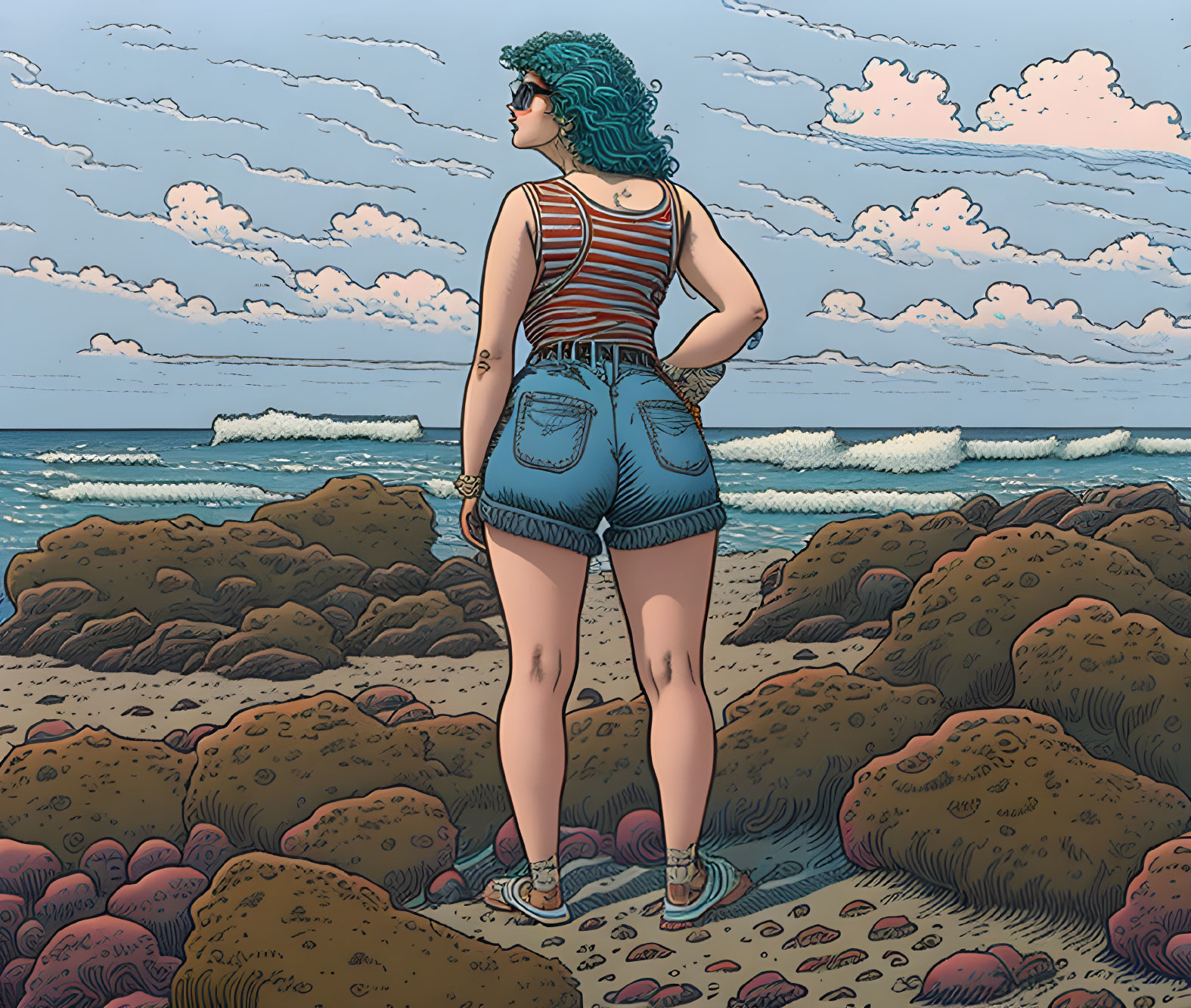 Teal-Haired Woman in Striped Tank Top and Denim Shorts on Rocky Shore